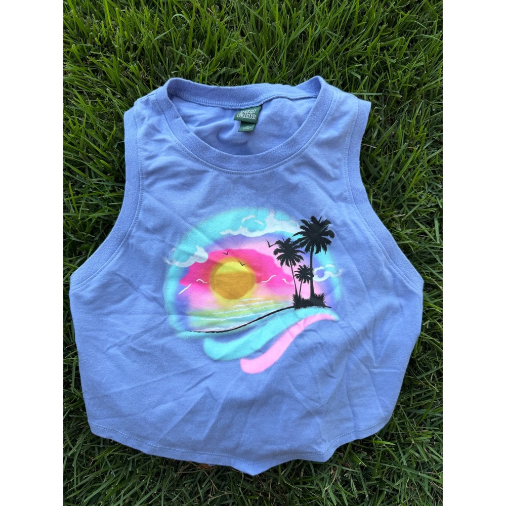 Wild Fable Blue Tropical Sunset Graphic Open Back Tie Crop Top Tank Mens Medium